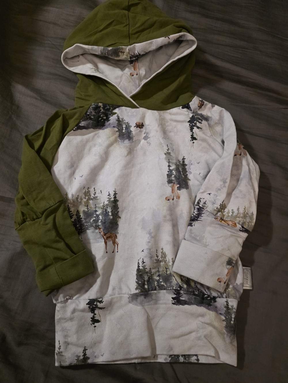 Kids Hooded Long-Sleeve Top in Olive Green and Woodland Print 1-3 Ans Evolutif
